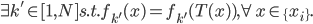 \exists k' \in [1, N] s.t. f_{k'}(x) = f_{k'}(T(x)), \forall x \in \{x_i\}.